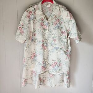 Vintage Granny Cottage Spring Floral 2 Piece Blouse Pearl Button Up Skirt Set